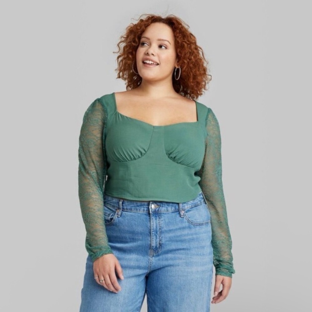 Wild Fable Green Long Lace Sleeve Top L